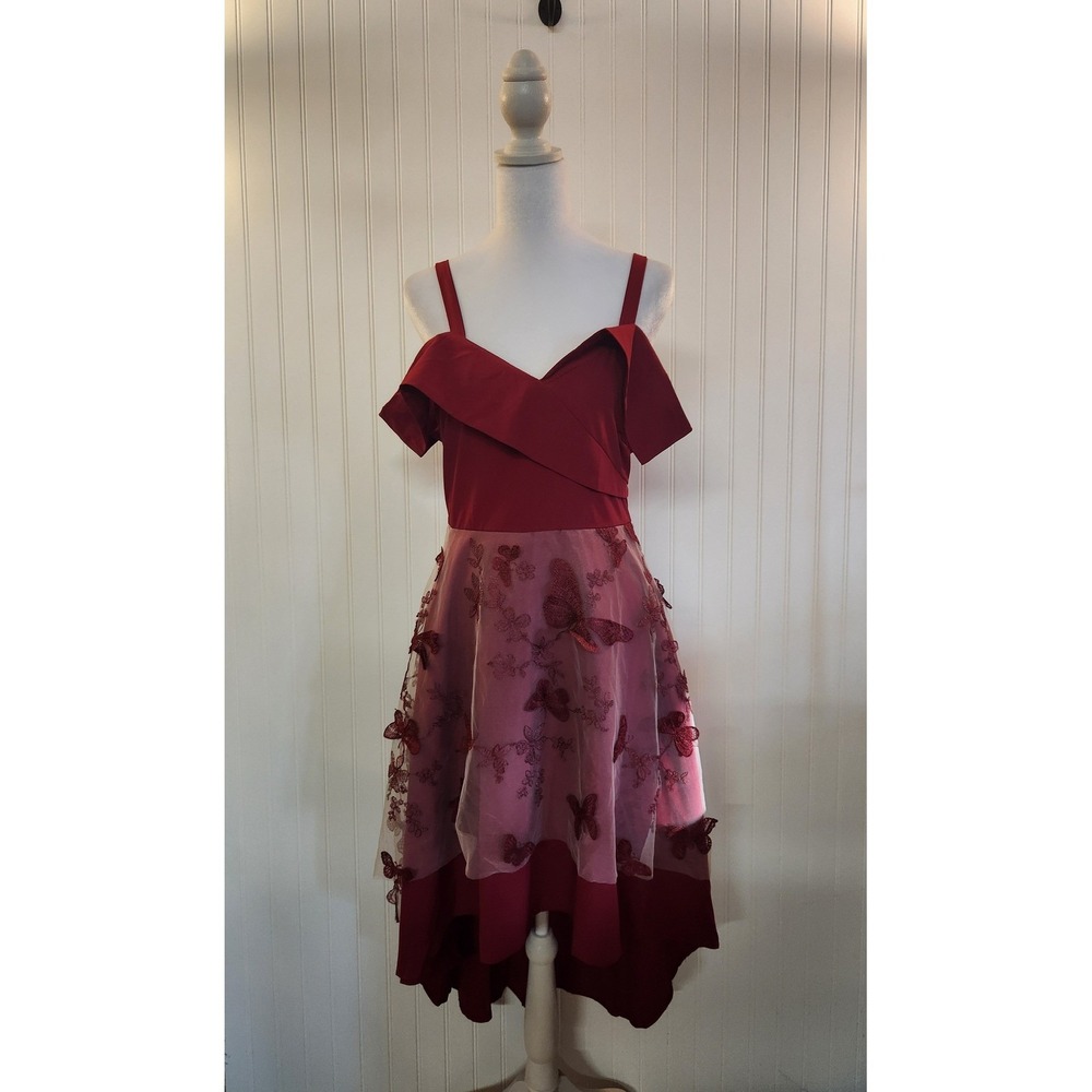 NEW Dressfo Burgundy Butterfly Applique High Low Cold Shoulder Midi Dress XL‎